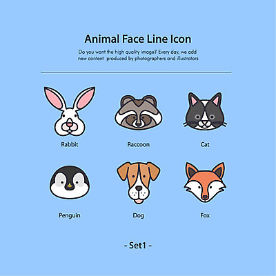 동물 얼굴 일러스트 동물원 사람없음 세트 고양이 토끼 개 펭귄 여우 너구리 2D아이콘 AI파일 아이콘 포유류 조류 신체부위 반려동물 파일형식 벡터