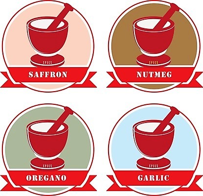 EPS 해외이미지 음식 일러스트 마늘 종류 요리 세트 꼬리표 라벨 기구 도구 공구 심볼 향신료 사인 막자 사프란 오레가노 해외202004 해외일러스트 채소 프레임 향미료 파일형식 벡터 이미지허브