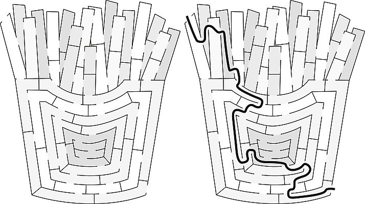 EPS 해외이미지 교육 길 음식 일러스트 감자 검은색 튀김 감자튀김 게임 흰색 퍼즐 만화 그림 미로 해결 구성 쉬운 해외202004 해외일러스트 컬러 채소 놀이 파일형식 벡터 이미지허브