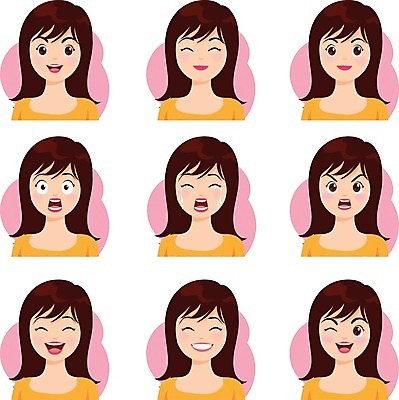 EPS 해외이미지 캐릭터 여자 행복 감정 얼굴 일러스트 미소 웃음 사람 세트 머리 분노 표현 입 만화 수집 고립 해외202004 해외일러스트 일러캐릭터 표정 신체부위 파일형식 벡터 이미지허브