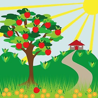 EPS 해외이미지 나무 디자인 계절 꽃 길 밭 오렌지 과일 일러스트 자연 날씨 주택 미술 풍경 야외 빨간색 초록색 여름 파란색 농작물 태양 노란색 맑음 봄 광선 시골 사과 언덕 그림 해외202004 해외일러스트 자연요소 식물 컬러 농업 문화예술 건물 생태계 파일형식 벡터 이미지허브