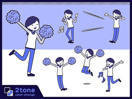 EPS 해외이미지 전신 여자 일러스트 노래 응원 들기 여러명 성인 파란색 세트 점프 종업원 마이크 직원 치어리더 응원수술 판매원 성인여자만 해외202004 해외일러스트 직업 음악 컬러 음향기기 다수 모션 사람 응원용품 여자만 성인만 파일형식 벡터 이미지허브