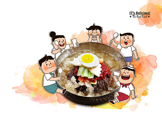 PSD 편집이미지 여자 남자 어린이 음식 포토일러 함께함 사람 여러명 시원함 냉면 물냉면 어린이만 제철음식 이미지편집 한식 다수 컨셉 여름음식 제철 파일형식