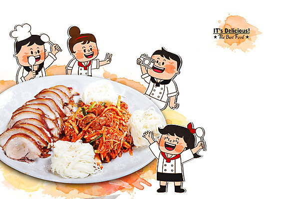 PSD 편집이미지 여자 남자 어린이 음식 포토일러 함께함 요리사모자 사람 여러명 숟가락 시원함 조리복 족발 골뱅이소면 어린이만 이미지편집 모자_잡화 다수 컨셉 유니폼 수저 돼지고기 요리사 소면 파일형식