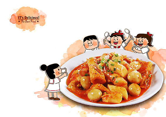 PSD 편집이미지 여자 남자 어린이 음식 포토일러 함께함 사람 여러명 숟가락 시원함 떡볶이 분식 어린이만 이미지편집 다수 컨셉 수저 파일형식