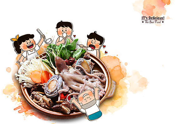 PSD 편집이미지 여자 남자 어린이 음식 포토일러 함께함 사람 여러명 숟가락 시원함 국자 탕 해물탕 어린이만 이미지편집 다수 컨셉 주방용품 수저 파일형식