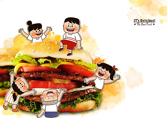 PSD 편집이미지 여자 남자 어린이 음식 포토일러 패스트푸드 함께함 사람 여러명 햄버거 시원함 어린이만 이미지편집 다수 컨셉 인스턴트 파일형식