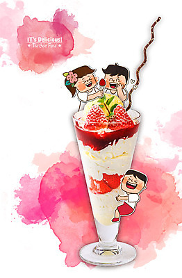 PSD 편집이미지 여자 남자 어린이 음식 과일 포토일러 딸기 디저트 함께함 사람 세명 시원함 파르페 어린이만 이미지편집 컨셉 파일형식