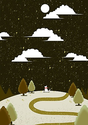 PSD 나무 동물 구름 길 백그라운드 일러스트 자연 밤하늘 하늘 산 사람없음 보름달 달 개 동산 국내일러스트 자연요소 식물 포유류 야간 생태계 파일형식