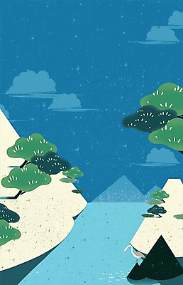 PSD 나무 구름 호수 섬 백그라운드 일러스트 자연 조류 하늘 산 사람없음 물 돌_바위 나뭇가지 물가 국내일러스트 자연요소 식물 동물 풍경 생태계 파일형식