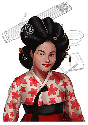 PSD 여자 술잔 일러스트 한명 사람 상반신 성인 책 한국인 한복 과거 위인 가야금 기생 황진이 여자만 여자한명만 성인여자만 성인만 국내일러스트 직업 1 한국전통 컨셉 현악기 잔 국악기 동양인 전통의상 파일형식