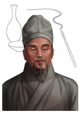 PSD 남자 술잔 일러스트 술병 한명 사람 동양인 상반신 성인 한국인 붓 과거 위인 담징 남자만 남자한명만 성인남자만 성인만 국내일러스트 1 컨셉 병_용기 잔 주류 인종 승려 화가 파일형식