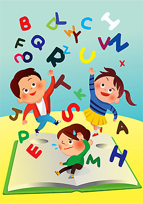 알파벳 영어 여자 남자 어린이라이프 어린이 일러스트 사람 책 세명 호기심 천진난만 어린이만 국내일러스트 AI파일 문자 라이프스타일 감정 컨셉 파일형식 벡터