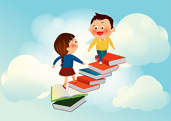 구름 여자 남자 어린이라이프 어린이 일러스트 사람 두명 책 계단 호기심 천진난만 어린이만 국내일러스트 AI파일 자연요소 라이프스타일 감정 컨셉 파일형식 벡터