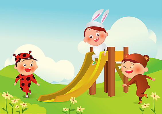 주간 남자 꽃 어린이라이프 어린이 일러스트 사람 야외 세명 미끄럼틀 놀이터 호기심 천진난만 남자만 어린이만 소년만 국내일러스트 AI파일 자연요소 식물 라이프스타일 감정 컨셉 놀이 놀이기구 파일형식 벡터