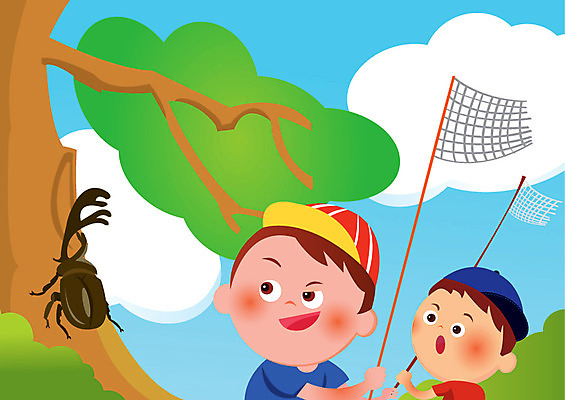 주간 나무 구름 모자 남자 어린이라이프 어린이 일러스트 사람 야외 두명 호기심 곤충채집 채집망 장수풍뎅이 천진난만 남자만 어린이만 소년만 국내일러스트 AI파일 자연요소 식물 라이프스타일 잡화 감정 곤충 컨셉 수집 파일형식 벡터