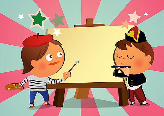 모자 남자 어린이라이프 어린이 일러스트 사람 두명 붓 팔레트 이젤 호기심 피리 화가 천진난만 남자만 어린이만 소년만 국내일러스트 AI파일 직업 라이프스타일 잡화 감정 컨셉 미술도구 목관악기 파일형식 벡터