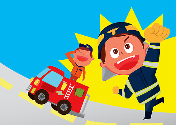 남자 어린이라이프 도로 어린이 일러스트 사람 두명 소방관 호기심 소방차 천진난만 남자만 어린이만 소년만 국내일러스트 AI파일 라이프스타일 감정 길 컨셉 교통시설 자동차 구조원 소방 파일형식 벡터