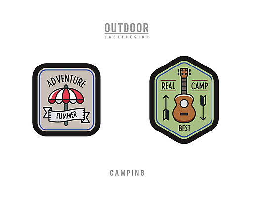 계절 악기 일러스트 레저 아웃도어 사람없음 여름 라벨 캠핑 기타 파라솔 국내일러스트 AI파일 음악 현악기 프레임 파일형식 벡터