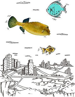 동물 구름 편집이미지 포토일러 세마리 어류 빌딩 사람없음 도시 이미지편집 AI파일 자연요소 3 건물 수중동물 파일형식 벡터