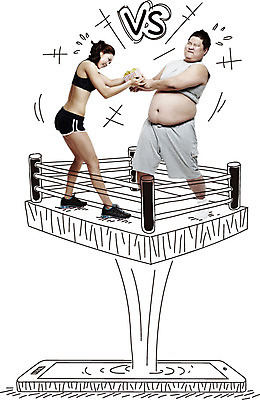 전신 편집이미지 여자 남자 음식 다이어트 포토일러 서기 사람 동양인 20대 성인 두명 스마트폰 운동복 경쟁 한국인 비만 연습 트레이너 싸움 청년만 성인만 뺏기 이미지편집 AI파일 옷 컨셉 모션 건강 인종 청년 핸드폰 스마트기기 헬스 몸매 파일형식 벡터