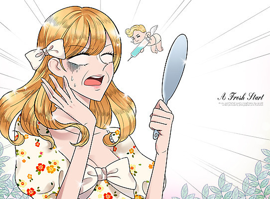 PSD 여자 일러스트 천사 주사기 한명 사람 성인 뷰티 놀람 거울 주름 우아함 성형수술 만화 팔자주름 여자만 여자한명만 성인여자만 성인만 순정만화 국내일러스트 1 감정 컨셉 의료기기 표정 수술 파일형식