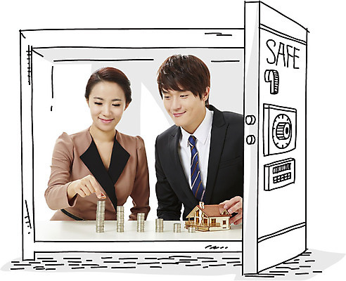 편집이미지 여자 남자 돈 비즈니스 포토일러 부동산 주택 웃음 안전 사람 동양인 정장 상반신 20대 성인 두명 금융 쌓기 동전 미니어처 저축 한국인 시세 비즈니스맨 비즈니스우먼 금고 청년만 성인만 이미지편집 AI파일 옷 모션 표정 인종 청년 건물 경제 모형 직장인 재산 파일형식 벡터