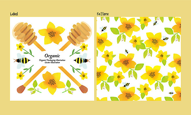 식물 꽃 백그라운드 패턴 일러스트 사람없음 라벨 벌 유기농 허니디퍼 국내일러스트 AI파일 웰빙 곤충 무늬 프레임 도구 파일형식 벡터