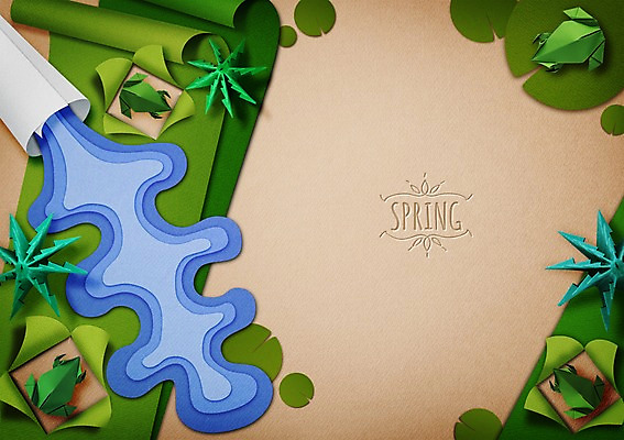 PSD 편집이미지 계절 기념일 표지 포스터 종이 컨셉 프레임 개구리 사람없음 봄 개울 페이퍼아트 경칩 입춘 활용 이미지편집 양서류 이벤트 강 절기 파일형식