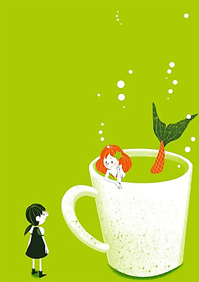 PSD 여자 어린이 일러스트 상상 상상일러스트 사람 소녀 두명 컵 차 인어공주 인어 여자만 어린이만 소녀만 동심 국내일러스트 식기 음료 동화 공주님 파일형식