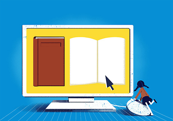 PSD 여자 어린이 일러스트 상상 상상일러스트 한명 사람 책 컴퓨터 독서 모니터 마우스 커서 여자만 여자한명만 어린이만 소녀만 소녀한명만 국내일러스트 1 전자제품 컴퓨터용품 파일형식