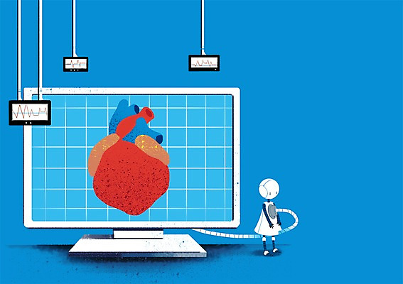 PSD 일러스트 상상 상상일러스트 사람없음 모니터 심장 연결 로봇 국내일러스트 컴퓨터 장기_의학 파일형식