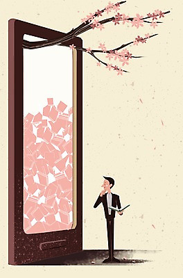 PSD 식물 남자 꽃잎 꽃 일러스트 상상 상상일러스트 한명 사람 성인 책 스마트폰 독서 벚꽃 남자만 남자한명만 성인남자만 성인만 국내일러스트 1 핸드폰 스마트기기 파일형식