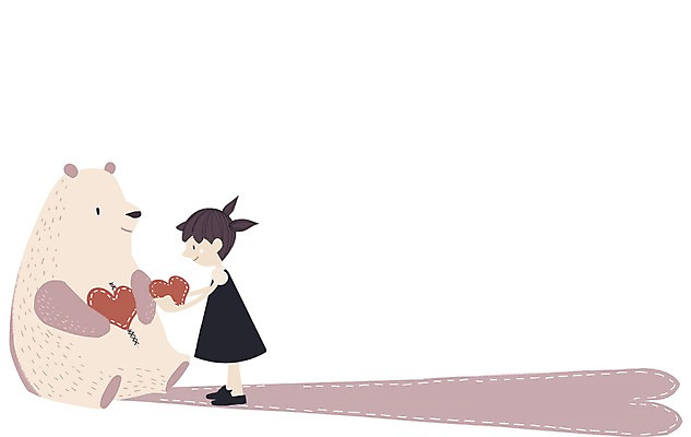 PSD 여자 어린이 일러스트 곰 상상 상상일러스트 그림자 한명 사람 소녀 곰인형 하트 실 상처 천 여자만 여자한명만 어린이만 소녀만 소녀한명만 국내일러스트 모양 동물 1 인형 포유류 직물 파일형식