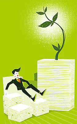 PSD 식물 남자 종이 일러스트 상상 바닥 상상일러스트 한명 사람 정장 성인 새싹 비즈니스맨 포스트잇 문서 서류더미 남자만 남자한명만 성인남자만 성인만 국내일러스트 1 옷 비즈니스 메모지 직장인 파일형식 더미