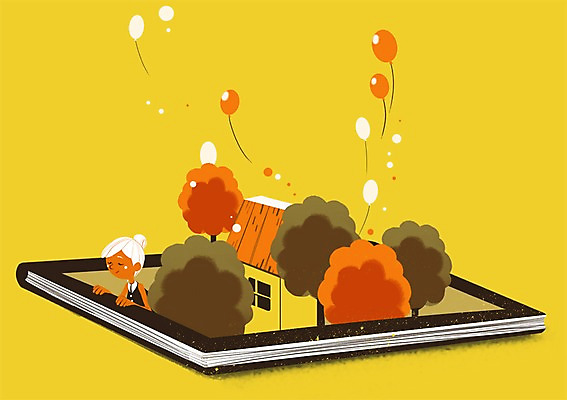 PSD 나무 여자 어린이 일러스트 상상 주택 상상일러스트 한명 사람 소녀 책 풍선 여자만 여자한명만 어린이만 소녀만 소녀한명만 국내일러스트 식물 1 건물 파일형식