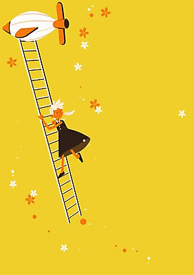 PSD 식물 여자 꽃 어린이 일러스트 사다리 상상 상상일러스트 한명 사람 소녀 비행선 꽃가루 여자만 여자한명만 어린이만 소녀만 소녀한명만 국내일러스트 1 도구 가루 파일형식