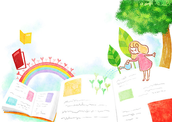 PSD 나무 식물 여자 여유 어린이 무지개 일러스트 상상 한명 사람 소녀 책 독서 새싹 물뿌리개 하트 물주기 여자만 여자한명만 어린이만 소녀만 소녀한명만 국내일러스트 자연요소 모양 1 감정 모션 파일형식