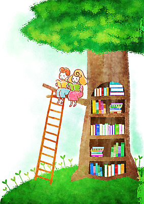 PSD 나무 식물 여자 남자 여유 어린이 일러스트 사다리 상상 책장 사람 소녀 소년 두명 책 독서 새싹 어린이만 국내일러스트 감정 가구 도구 파일형식