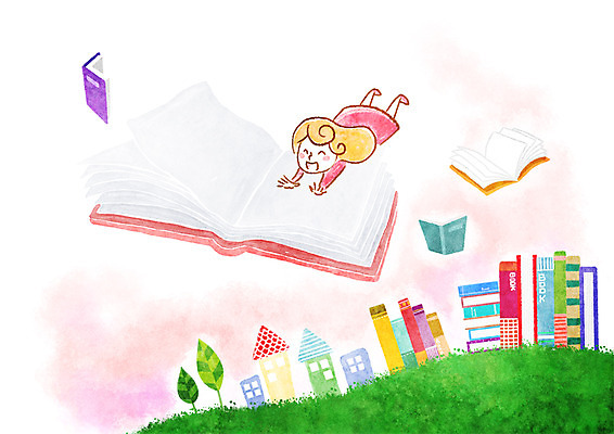 PSD 나무 여자 여유 어린이 일러스트 상상 주택 한명 사람 소녀 책 독서 비행 여자만 여자한명만 어린이만 소녀만 소녀한명만 국내일러스트 식물 1 감정 건물 파일형식