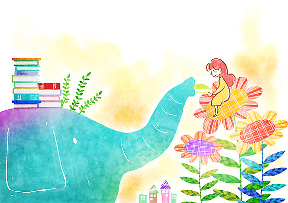 PSD 식물 동물 여자 꽃 여유 어린이 일러스트 상상 코끼리 주택 한명 사람 소녀 책 독서 여자만 여자한명만 어린이만 소녀만 소녀한명만 동심 국내일러스트 1 감정 포유류 건물 파일형식