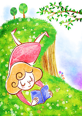 PSD 나무 식물 여자 꽃 여유 엎드리기 일러스트 상상 한명 사람 초원 책 독서 언덕 여자만 여자한명만 국내일러스트 1 감정 모션 파일형식