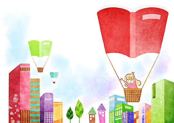 PSD 나무 식물 여자 여유 어린이 일러스트 상상 주택 한명 사람 소녀 책 독서 열기구 비행 도시 여자만 여자한명만 어린이만 소녀만 소녀한명만 국내일러스트 1 감정 항공교통 건물 파일형식