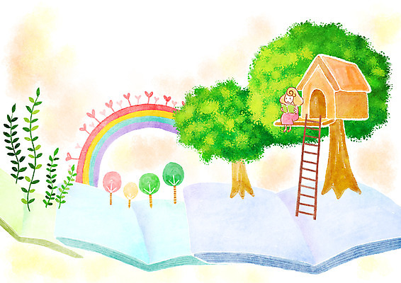 PSD 나무 식물 여자 여유 어린이 줄기 무지개 일러스트 사다리 상상 한명 사람 소녀 책 독서 여자만 여자한명만 어린이만 소녀만 소녀한명만 국내일러스트 자연요소 1 감정 도구 파일형식