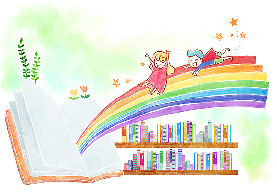 PSD 식물 여자 남자 꽃 여유 어린이 줄기 무지개 일러스트 상상 책장 사람 소녀 소년 두명 책 독서 어린이만 국내일러스트 자연요소 감정 가구 파일형식