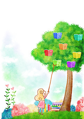 PSD 나무 식물 여자 여유 어린이 줄기 일러스트 상상 책장 한명 사람 소녀 책 독서 나뭇가지 여자만 여자한명만 어린이만 소녀만 소녀한명만 국내일러스트 1 감정 가구 파일형식