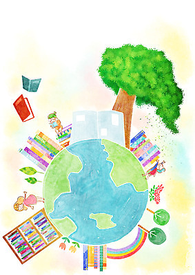 PSD 나무 식물 여자 남자 꽃 지구 여유 어린이 무지개 일러스트 상상 책장 사람 소녀 소년 책 세명 독서 어린이만 국내일러스트 자연요소 감정 가구 파일형식