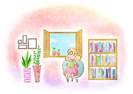 PSD 식물 여자 화분 여유 어린이 액자 의자 일러스트 창문 상상 책장 실내 한명 사람 소녀 책 독서 여자만 여자한명만 어린이만 소녀만 소녀한명만 국내일러스트 1 감정 가구 내부 파일형식