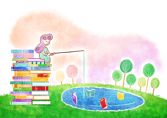 PSD 나무 식물 여자 여유 어린이 일러스트 상상 낚시 한명 사람 소녀 책 독서 쌓기 연못 낚싯대 여자만 여자한명만 어린이만 소녀만 소녀한명만 국내일러스트 1 감정 모션 레저 낚시용품 파일형식