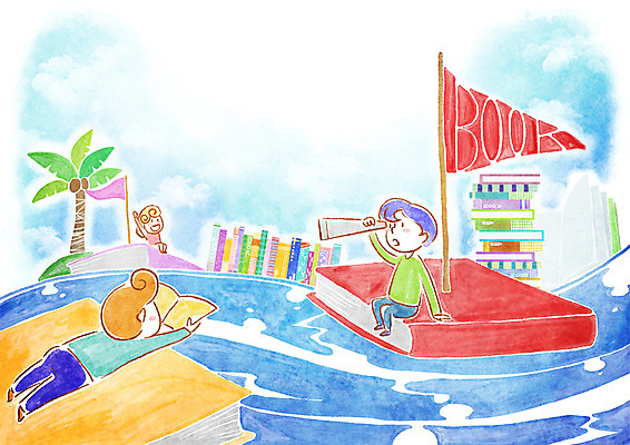 PSD 식물 여자 남자 여유 어린이 바다 일러스트 상상 항해 사람 소녀 소년 책 세명 야자수 독서 망원경 선박 어린이만 국내일러스트 나무 감정 수상교통 배_교통 파일형식